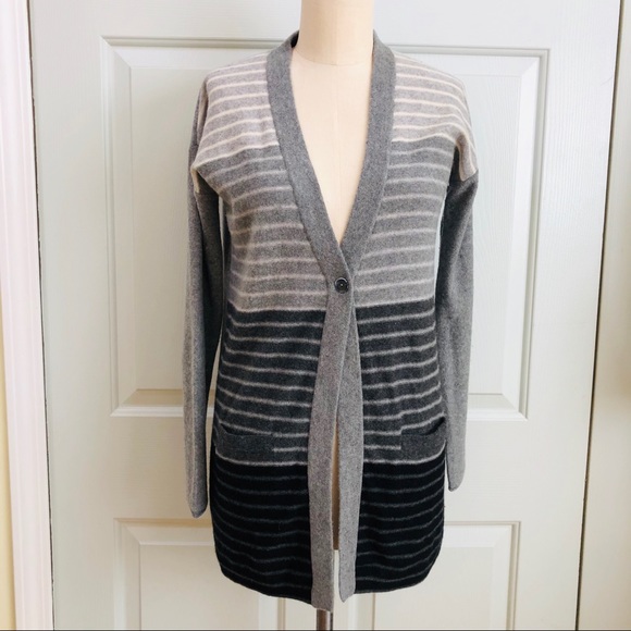Griffen 💯 Cashmere Cardigan Stripe Sweater Grey Black Size S - Picture 1 of 6